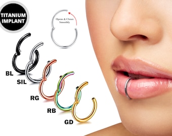 Titanium Lip Ring, Lip Hugger - 20g 18g 16g 14g Lip Piercing Hinged Ring - Clicker Hoops Steel, Gold, Rosegold, Black, Rainbow