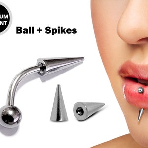 Titanium Spike Vertical Labret Stud Lip Piercings Spikes / Cone 18g 16g 14g Curved Bar Also Piercing Stud for Anti Eyebrow, Rook Ball + Spikes