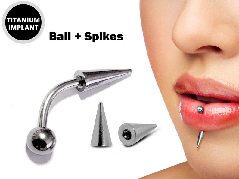 Titanium Spike Vertical Labret Stud Lip Piercings Spikes / Cone 18g 16g 14g Curved Bar Also Piercing Stud for Anti Eyebrow, Rook Ball + Spikes