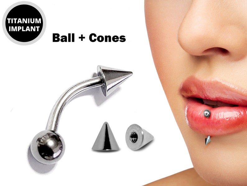 Titanium Spike Vertical Labret Stud Lip Piercings Spikes / Cone 18g 16g 14g Curved Bar Also Piercing Stud for Anti Eyebrow, Rook Ball + Cone
