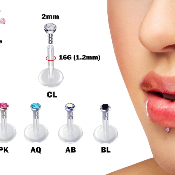 Flexible Labret Retainer, Clear 16G Labret with Top Gem CZ Crystals - Bioplast Labret - Hide Piercing Lip Labret