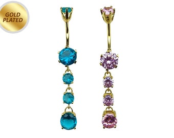 Round Drop Dangle Belly Ring with CZ Crystals -Gold Plated Silver Belly Bars 14G length is 10mm