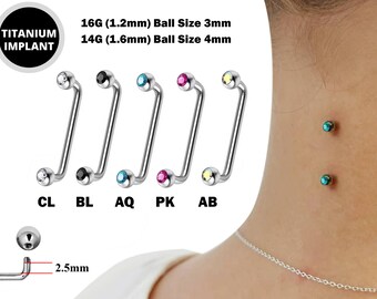 Dermal Surface Piercing, Nape Piercing with Gem Crystal - Titanium 16g 14g Implant Grade 90 degree Staple Bar - Collar Bone Piercing