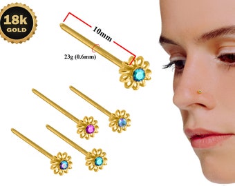 18K Gold Nostril Piercing, Unique Style  Straight Nose Pin with Highest Quality Round Crystal - Nose Stud made of Finest Gold Nose Jewelry