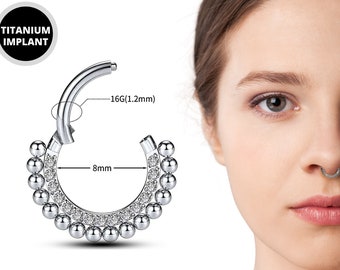 Anneau à cliquet pour septum en titane, bijoux pour septum du nez - Anneau articulé piercing de 16 g taille 8 mm avec cristaux CZ - Créoles à cliquet