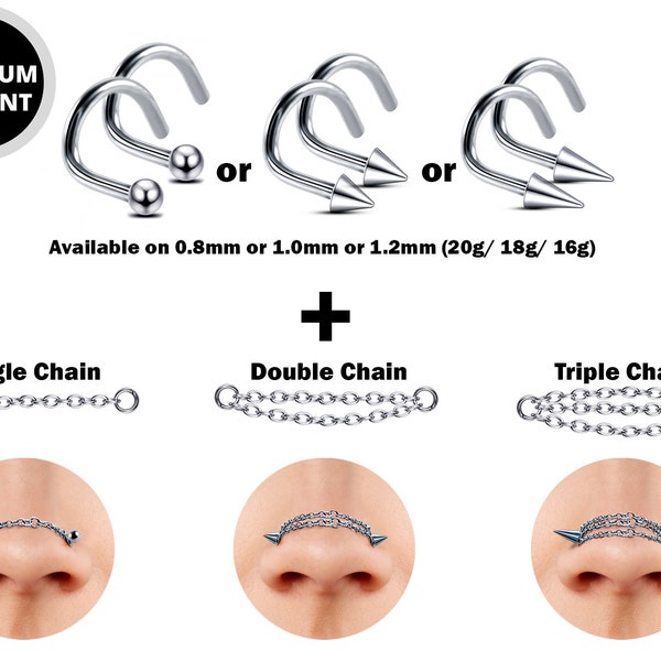 Titanium Nasallang Nostril Studs Nose Chain Piercing - 20g 18g 16g Spike/Ball/Cone Nose Stud Externally Threaded Nostril Jewelry