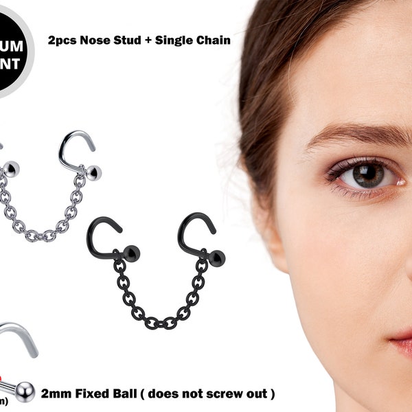 Nasallang Nose Screw Piercing, 2pcs Nostril Studs with Single Chain Piercing - 18G Nose Piercing with Fixed Ball Nostril Jewelry