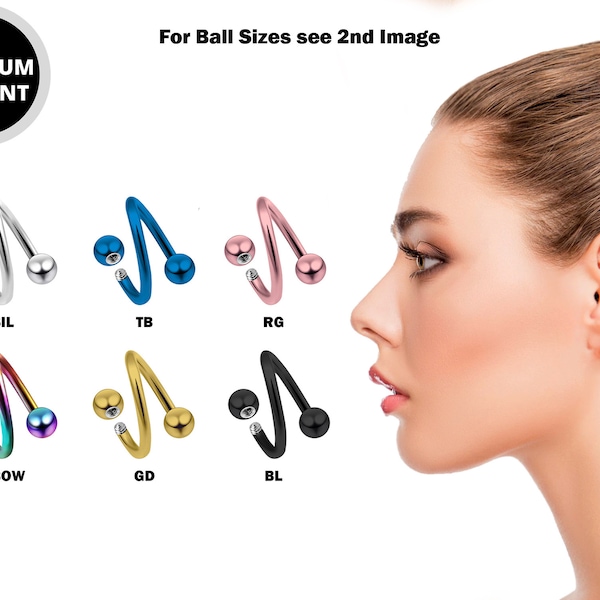 Titanium Spiral Cartilage Piercing, Twisted Helix Earring 16g 14g in many Colours - Also Piercing for Lip, Eyebrow and Lobe