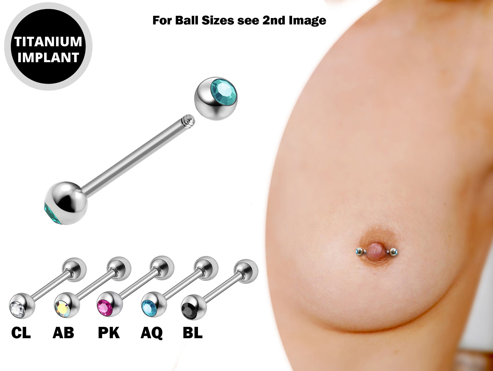 Titanium Nipple Barbell With Gem CZ Crystal, Nipple Jewelry Studs 16g 14g  Nipple Piercing Externally Threaded Double Gem 