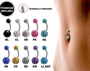 Disco Ball Belly Ring, Navel Ring - Titanium 14g Ferido Ball Bling Bling Belly Crystal Body Jewellery - Short and Long Belly Bars