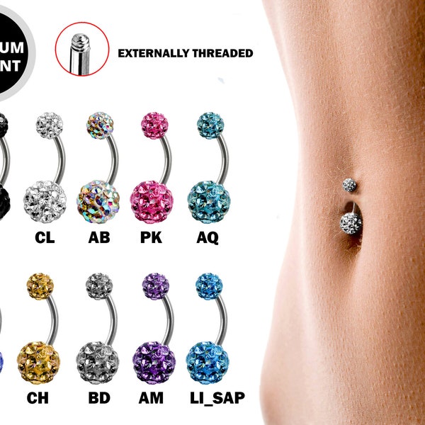 Disco Ball Belly Ring, Navel Ring - Titanium 14g Ferido Ball Bling Bling Belly Crystal Body Jewellery - Short and Long Belly Bars