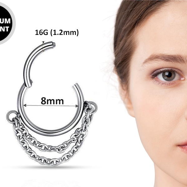 Anneau à cliquet septum en titane avec chaînes, anneau de nez bijoux pour septum - Piercing nez 16G taille 8 mm