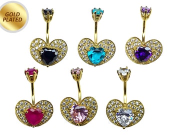 Heart Belly Ring Studded with CZ Crystals - Silver Belly Bar in Gold Plating - 14G Length is 10mm