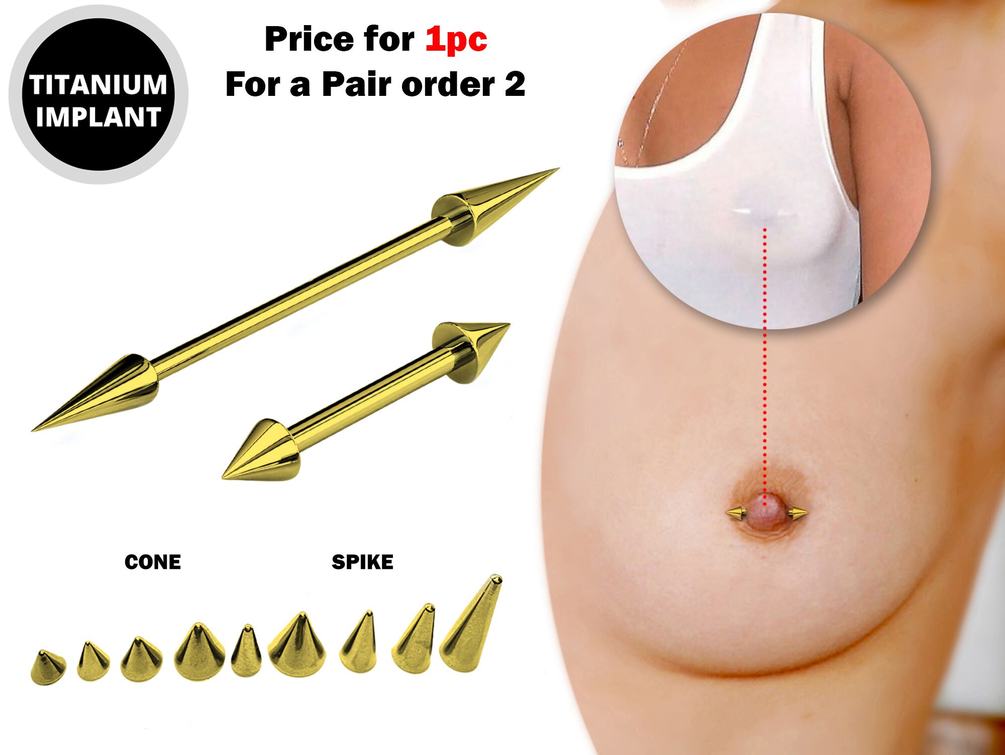 Titanium Gold Cone Spike Nipple Barbell Nipple Jewelry Studs