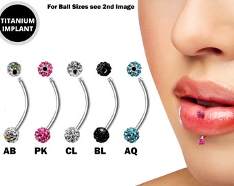 Titanium Vertical Labret Stud Lip Piercings with Disco Ball Crystal - 18g 16g 14g Curved Bar - Also Piercing Stud for Anti- Eyebrow, Rook