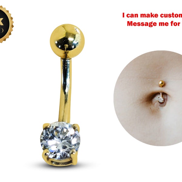 14K Solid Gold Belly Bar ,Belly Button Ring with Crystal Belly Ring - Hand Set and Hand Polished - Gold Body Jewellery