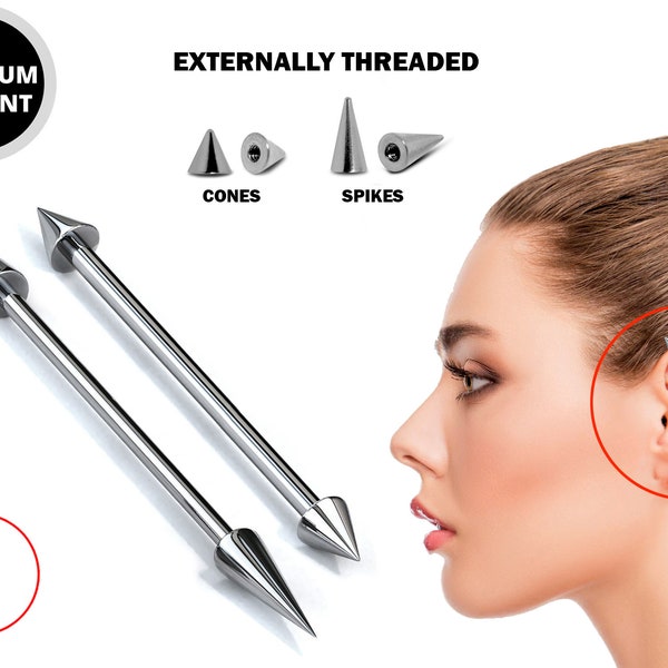 Titanium Cone / Spike Upper Ear Industrial Barbell Piercing Studs 16g 14g Barbell Earrings Straight Barbell- Externally Threaded