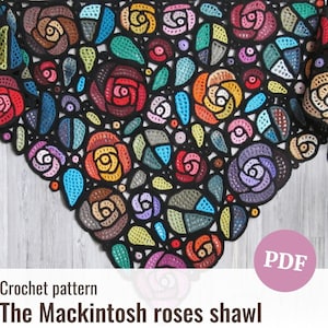 Haakpatroon sjaal, opengewerkte vrije vorm, Ierse Mackintosh-rozen kant, schematische foto, DIY-haakmotieven, driehoekige sjaal