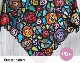 Crochet pattern shawl, free form openwork crochet, irish lace Mackintosh roses, photo schematic chart, DIY crochet motifs, triangle shawl