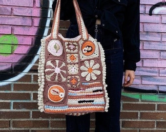 Crochet handbag, granny squares tote bag, brown women handbag, autumn bag, handmade boho bag, crocheted cotton bag purse, hand crochet bag