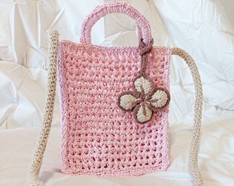 Crochet handbag, crochet paper bag, pink women handbag, beach bag, handmade boho bag, crocheted cotton bag purse, hand crochet bag