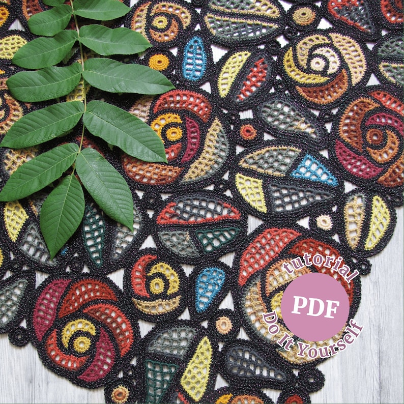 May include: A colorful crochet doily with a black background and a variety of geometric shapes and floral designs. The doily is surrounded by a green leaf and a pink circle with the text "Tutorial PDF Do It Yourself".