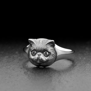 Sterling Silver Cat Head Signet Ring: Handmade Animal Jewelry