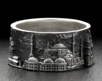 Anillo de plata de ley de Estambul: Joyería con paisaje urbano de Santa Sofía