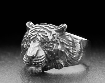 Sterling Silver Tiger Head Ring, Tiger Ring, Tiger Lovers