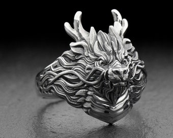 Sterling Silver Chinese Dragon Ring: Oxidized Fantasy Jewelry