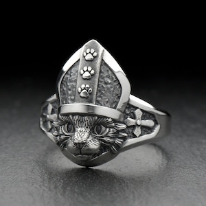 Sterling Silver Cat Pope Ring: Gothic Pet Lover Jewelry