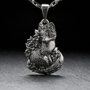 Sterling Silver Fox Flower pendant, Animal Jewelry, Fox Lovers Gift, Animal Jewelry, Handmade Animal Necklace, Animal Lovers Jewelry