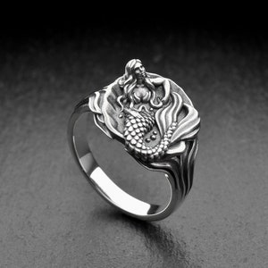 Sterling Silver Mermaid Ring: Sculpted Ocean Mythology Jewelry