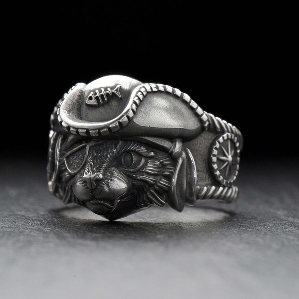 Sterling Silver Pirate Cat Ring, Cat Ring, Pet Ring, Cat Totem Ring, Cat Lovers Gift, Animal Jewelry, Pirate Jewelry, Animal Lovers Ring