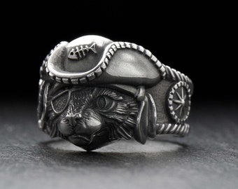 Sterling Silver Pirate Cat Ring, Cat Ring, Pet Ring, Cat Totem Ring, Cat Lovers Gift, Animal Jewelry, Pirate Jewelry, Animal Lovers Ring