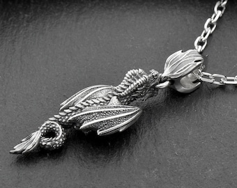 Sterling Silver Flying Dragon Necklace: Handmade Fantasy Pendant