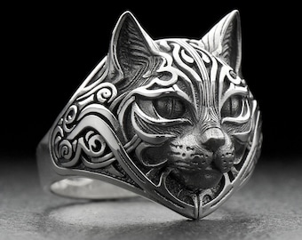 Anello a forma di gatto in argento sterling ossidato: gioiello gotico a forma di animale realizzato a mano