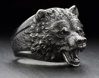 Handmade Sterling Silver Grizzly Bear Ring: Rustic Wildlife Jewelry