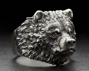 Sterling Silver Grizzly Bear Ring: Rustic Wildlife Jewelry