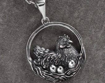 Sterling Silver Chicken Pendant Necklace: Hen and Eggs, Farm Animal Jewelry