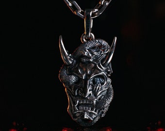 Sterling Silver Demon Oni Mask Pendant, Asia Culture Jewelry, Handmade Asia Necklace, Japan Culture Lovers Gift, Gift Idea, Demon Pendant