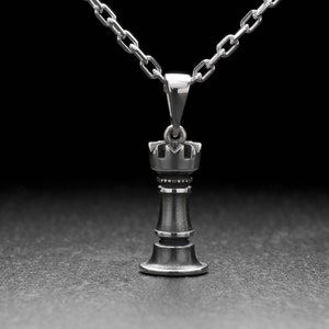 Sterling Silver Chess Rook Pendant: Polished Chess Piece Jewelry
