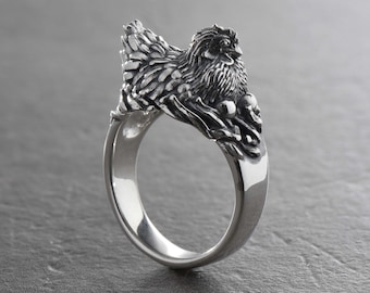 Sterling Silver Ring Chicken, Silver Jewelry Chicken, Chicken Lovers Gift, Handmade Bird Ring, Animal Jewelry, Animal Ring, Chicken Ring