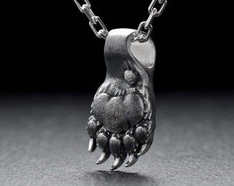 Sterling Silver Bear Paw Pendant Necklace for Men, Wild Grizzly Claw Jewelry, Handmade Animal Totem Necklace, Unique Rustic Gift for Him