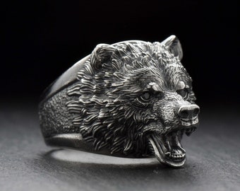 Sterling Silver Grizzly Bear Ring, Handmade Animal Jewelry for Bear Lovers, Rustic Wildlife Ring Gift, Solid Silver Nature Jewelry