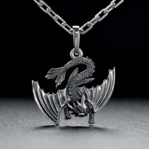 Sterling Silver Wide Dragon pendant, Dragon Jewelry, Handmade Dragon Pendant, Fantasy Lovers Gift, Dragons Lovers Necklace