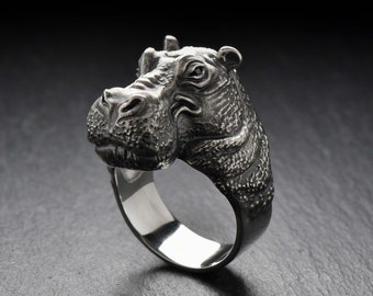 Sterling Silver Hippo Head Ring, Hippopotamus Silver Ring , Hippo Lovers Gift, Animal Lovers Ring, Hippo Totem, Animal Jewelry