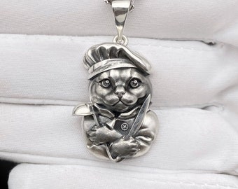 Sterling Silver Pendant Cat Chef, Cat Necklace, Cat Lovers Gift, Jewelry Cat, Animal Pendant, Handmade Cat Jewelry, Pet Jewelry, Gift Idea