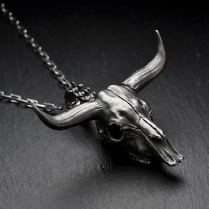 Sterling Silver Bull Skull Pendant, Skull Necklace, Gothic Pendant, Handmade Gothic Jewelry, Symbolic Strength Necklace, Elegance Jewelry