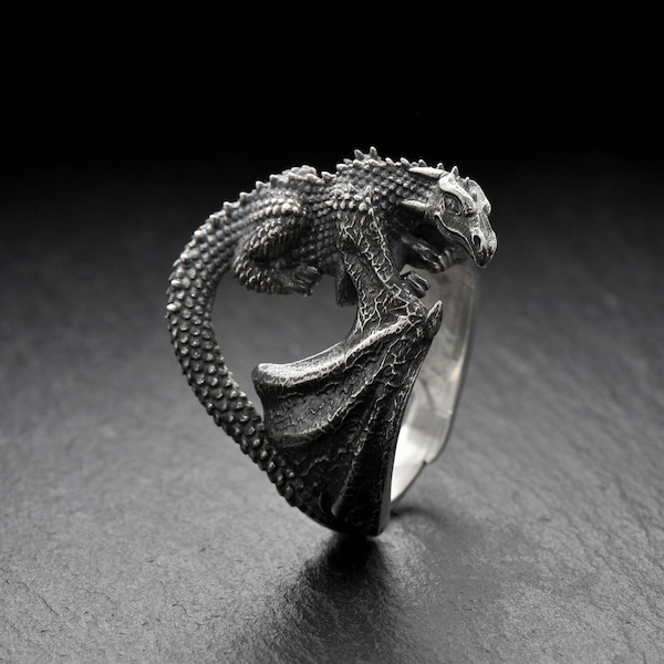 Sterling Silver Dragon Ring, Dragon Jewelry, Handmade Dragon Ring, Fantasy Lovers Gift, Dragons Lovers Ring, Flying Dragon Ring